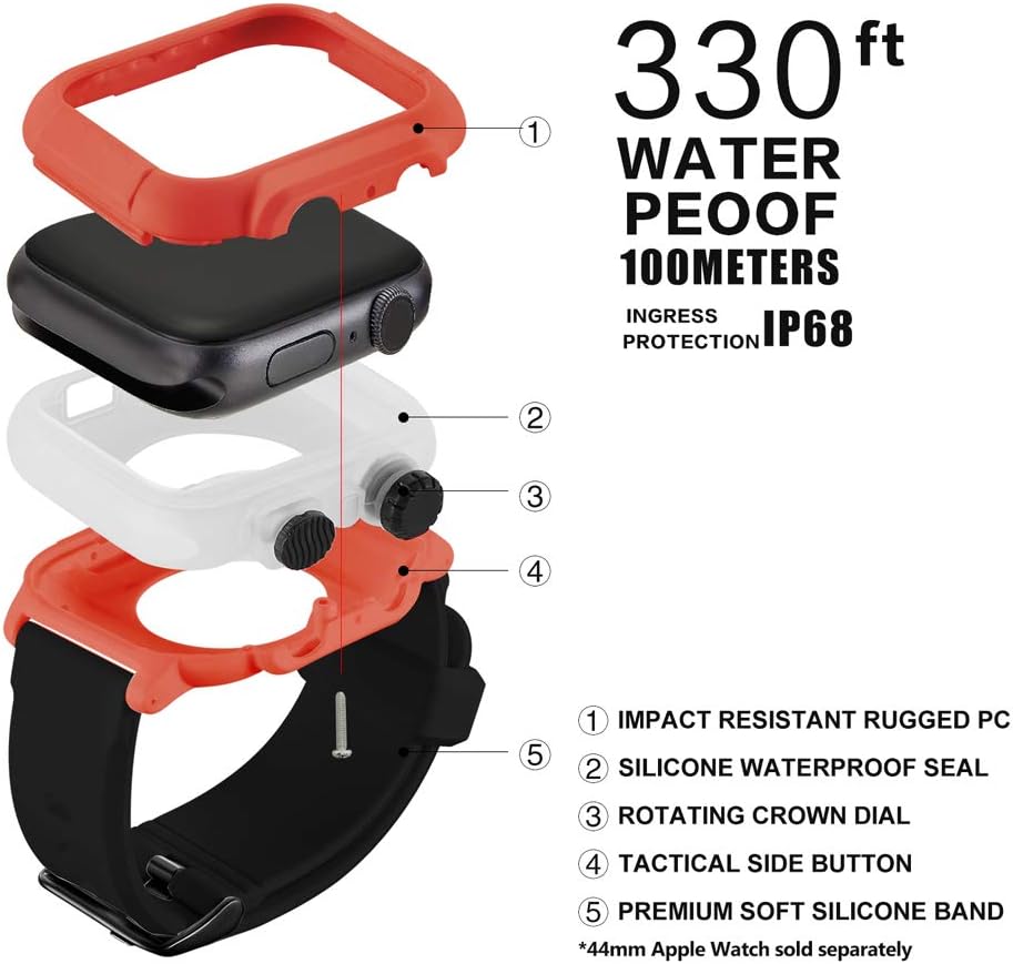 Apple Watch Series 5/4 44mm IP68 Waterproof Case,Waterproof Case for Apple Watch 42mm Series 3/2,Full Body Protective Case with Soft Silicone Band (Red+Black, 42mm Apple Watch Series 3/2 Case)