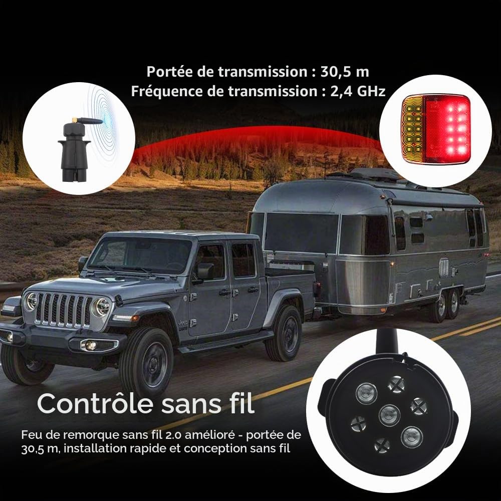 Feu Remorque Sans Fil 12-24V Feux Arriere Remorque Fixation Magnétique avec 7 Broches Adaptateur & USB-C, 5 Fonctions, pour Auto Remorque Camion Caravane Tracteur