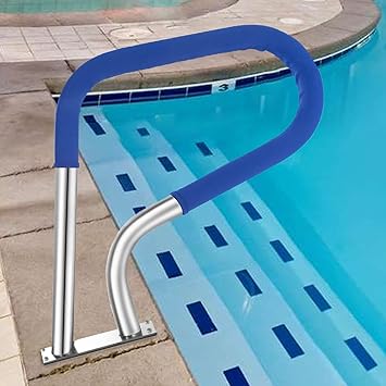 COOCURE Pool Handrails In-ground Swimming Pool Railing 3-Bend 304 Stainless Steel Safe Rail 30x22 with Mounting Base Plate, Blue Grip Cover, Drill Bit and Self-Taping Screws