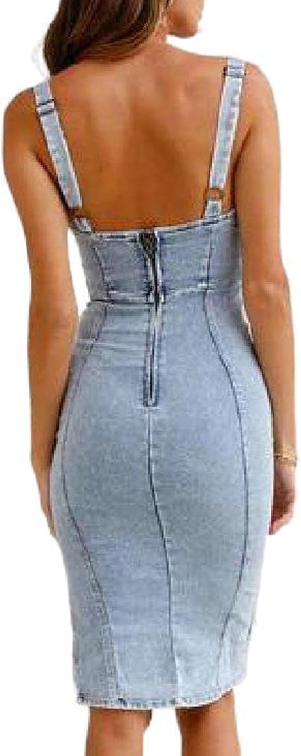 SEMATOMALA Women's Fitted Denim Dress Scoop Neck Spaghetti Strap Slit Sexy Summer Bodycon Stretchy Jean Dress - Image 4