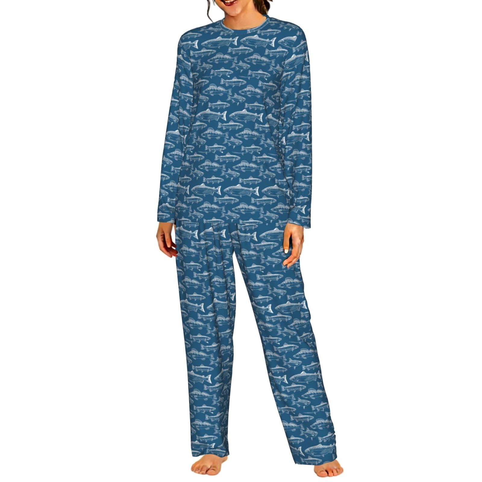 Ocean Pesci Stampa Delle Donne Manica Lunga Pigiama Corrispondente Morbido Elastico Coulisse Casual Daywear