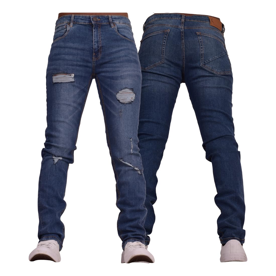 Ringspun Men's Ripped Skinny Biker Jeans - Slim Fit Distressed Denim for Stylish Casual Wear Stone Wash 38W / 32L