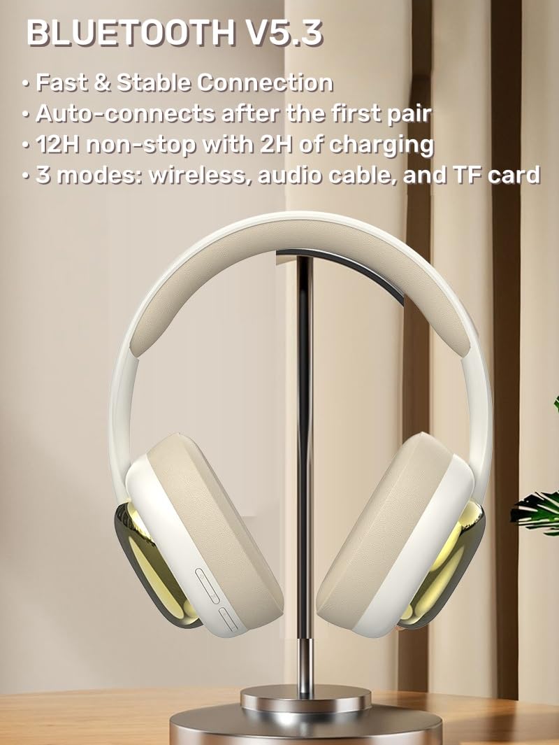 ND NEXT DESTINATION Cuffie senza fili Bluetooth 5.3 con Bass e Suono Stereo Casco a Fascia con Batteria a Lunga Durata Apparecchio acustico Moderno di Buon Suono (Beis)