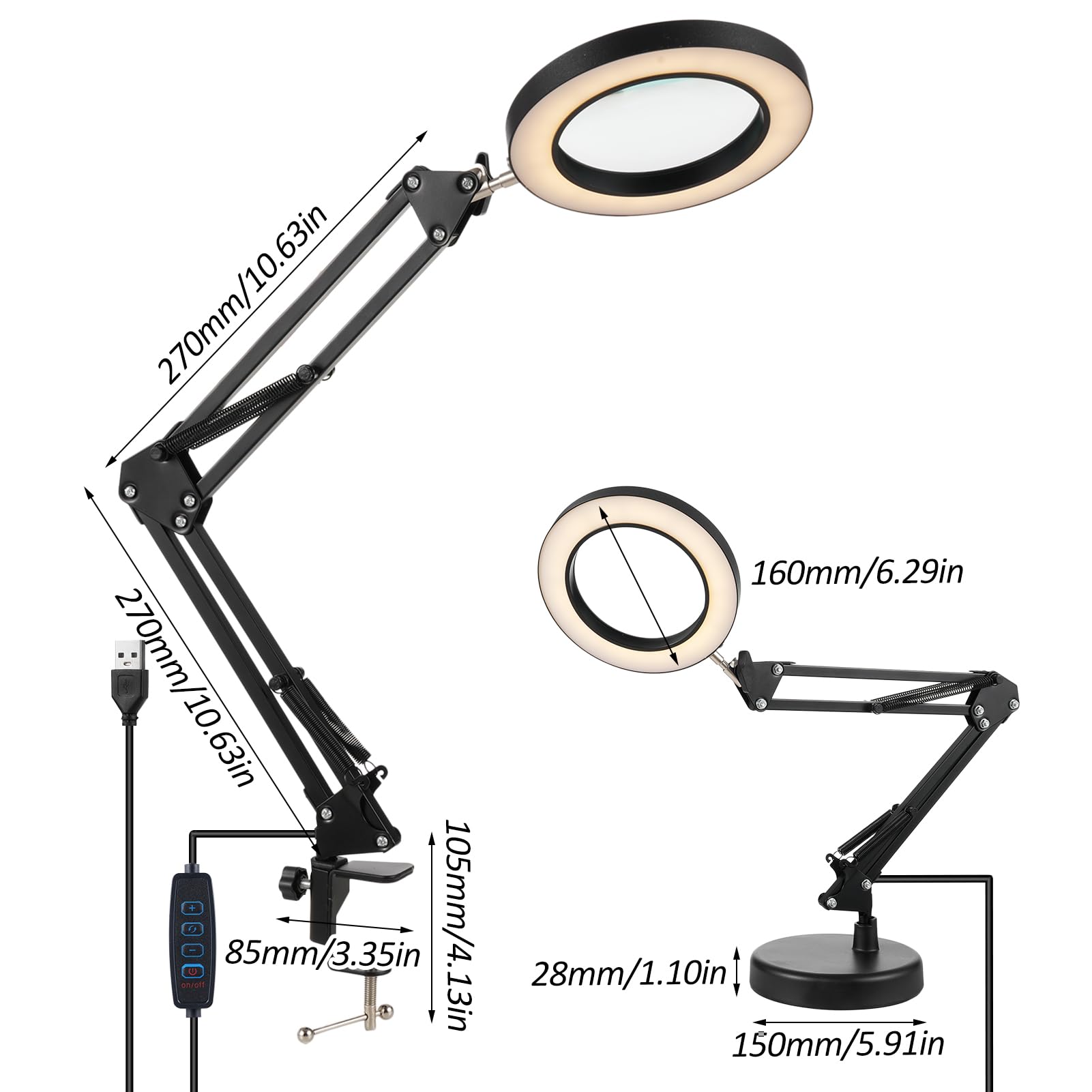 10-krotna lupa ze światłem, bezstopniowe ściemnianie, lampa biurkowa 2 w 1 i zacisk, regulowane ramię wychylne, podświetlana lampa biurkowa LED, lampa z lupą bez użycia rąk