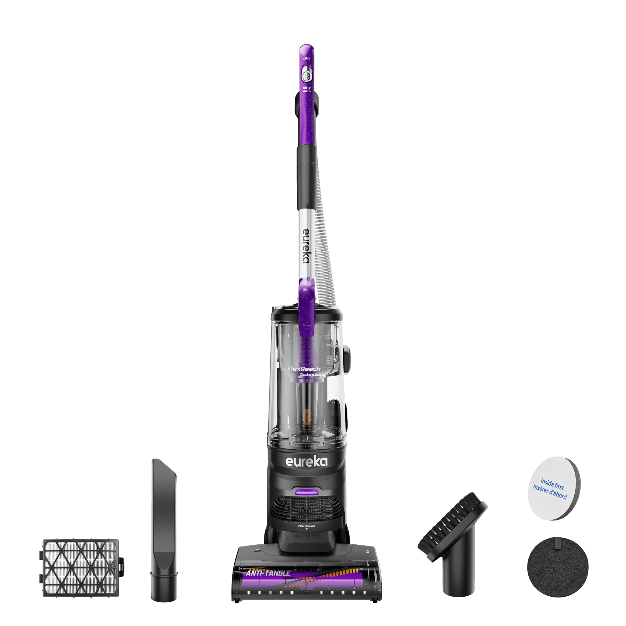 Eureka FlexReach Powerful Upright Vacuum Cleaner for Carpet and Hard Floor, Lift-Up Vacuum with Large Dust Cup, Anti-Tangle, NEU651PL, Purple