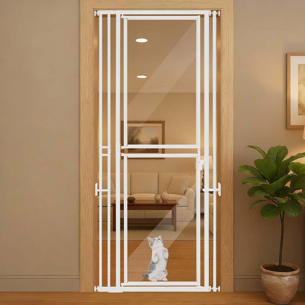 unipaws Puerta para mascotas extra alta de 200 cm, puerta alta transparente para gatos, 70-95 cm de ancho, sin taladrar, puerta de perro montada a presión, marco de metal, barrera de seguridad