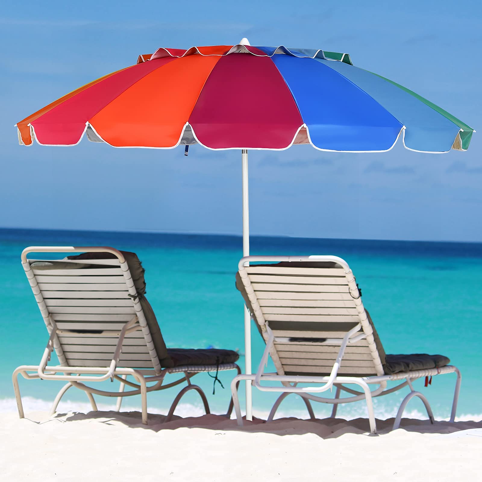 GYMAX Ombrellone da Spiaggia Antivento 220cm, Ombrellone da Mare Inclinabile e Portatile con Copertura Impermeabile e Resistente ai Raggi Solari UV, 16 Stecche (Colorato, 220CM)