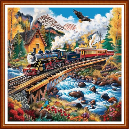 Image of Joyhoor Stamped Cross Stitch Kits for Beginners Needlepoint Kits for Adults Embroidery Kits 11CT Counted Cross Stitch Kits Printed Embroidery Pattern-Forest Train Scenery 18x18 inchs