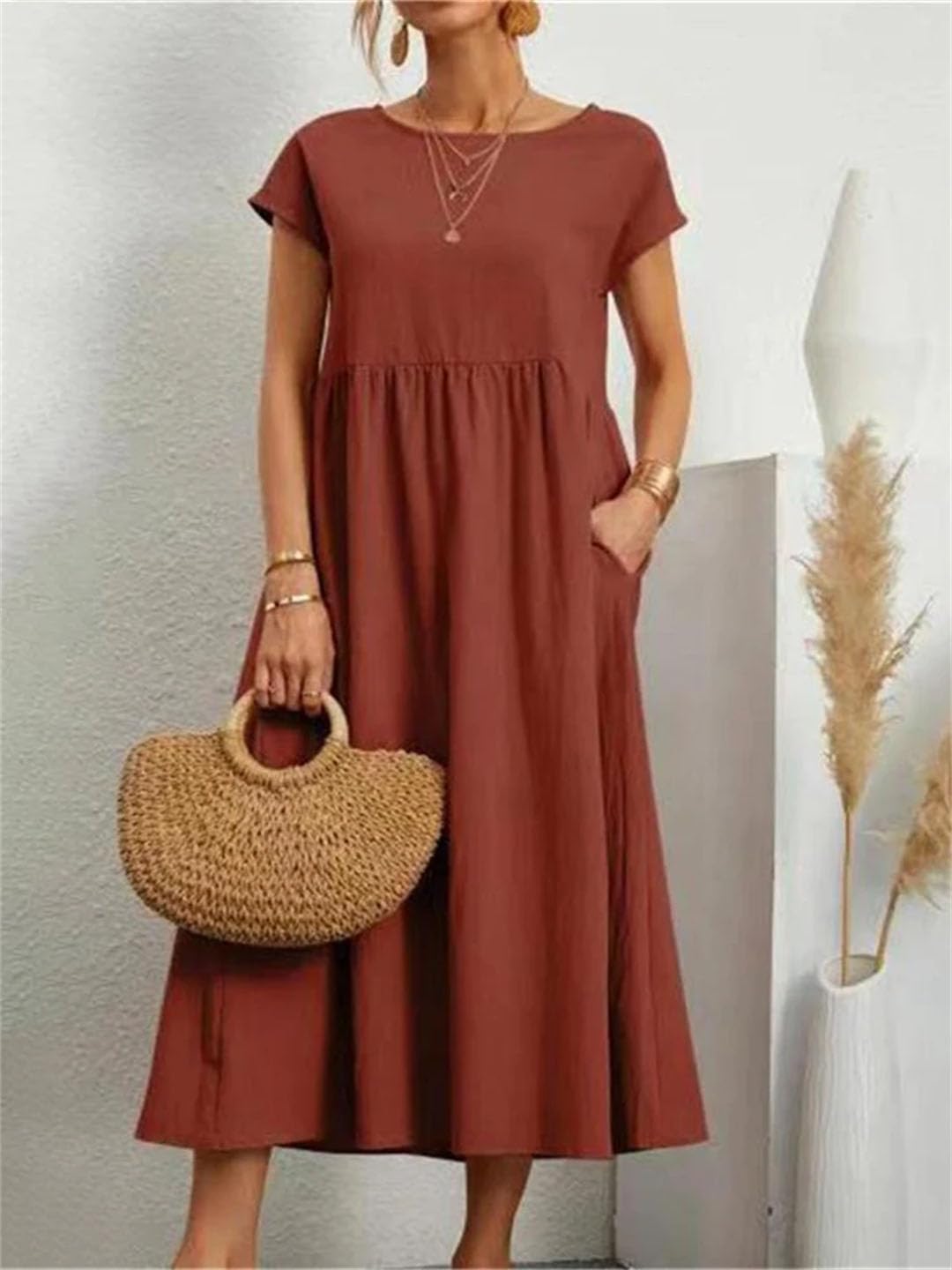 Elegancka sukienka damska, krótki rękaw, okrągły dekolt, vintage, Harajuku, bawełna, len, luźne kieszenie, długa sukienka