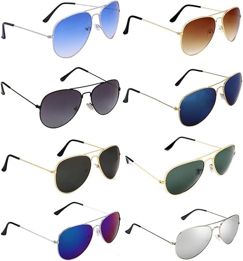 Dervin Aviator Men’s and Women’s Sunglasses Combo (Multi-Coloured) – Pack of 8