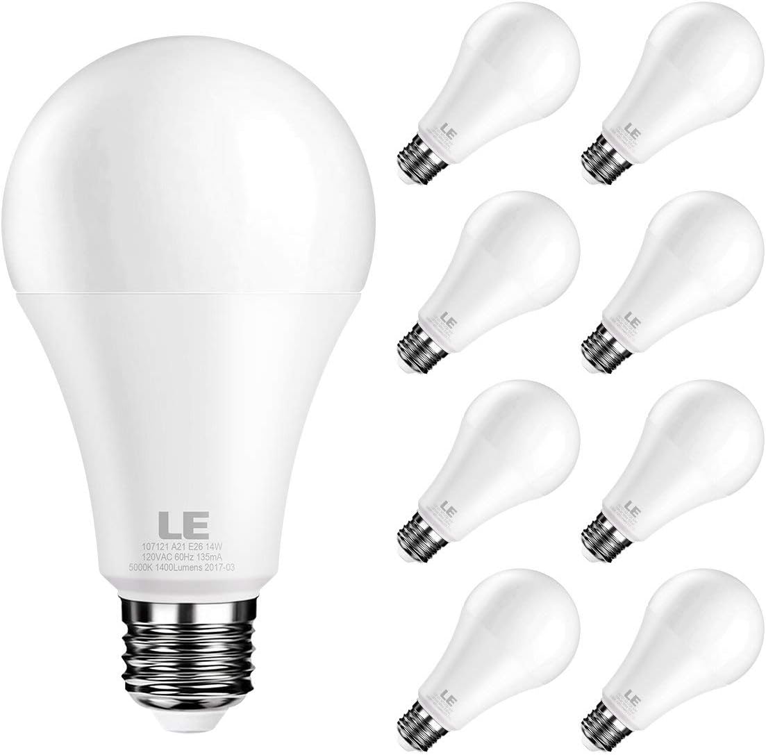 LE LED Light Bulb, Replacement for 100W Incandescent Bulb, 14 Watt 1400 Lumens, High Output, 5000K Daylight White Natural Light, E26 Medium Base, Froasted, Big Type A Bulb, Pack of 8
