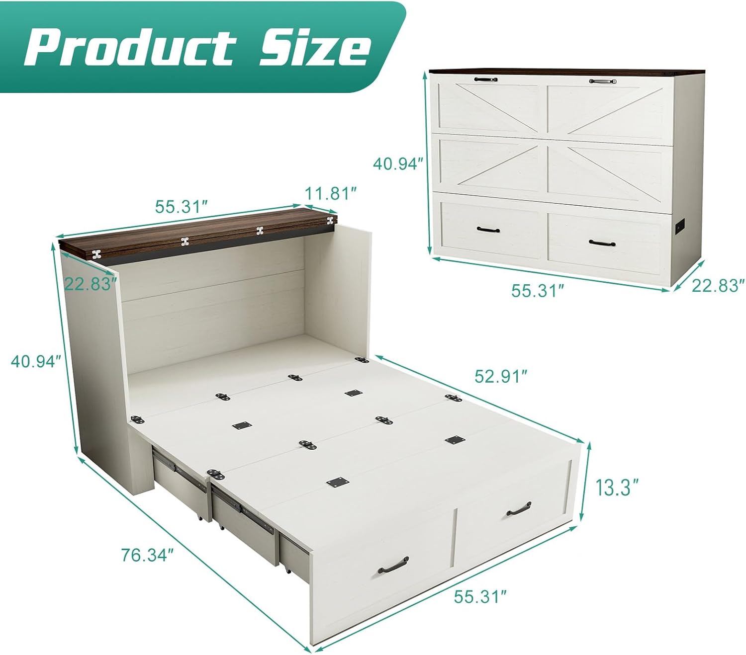 Hlivelood Full Size Murphy Chest Bed with Drawer and Charging Station, Farmhouse Wood Space-Saving Hidden Folding Beds Chest, Multifunctional Storage Cabinet Bed for Bedroom, Office, Rustic White