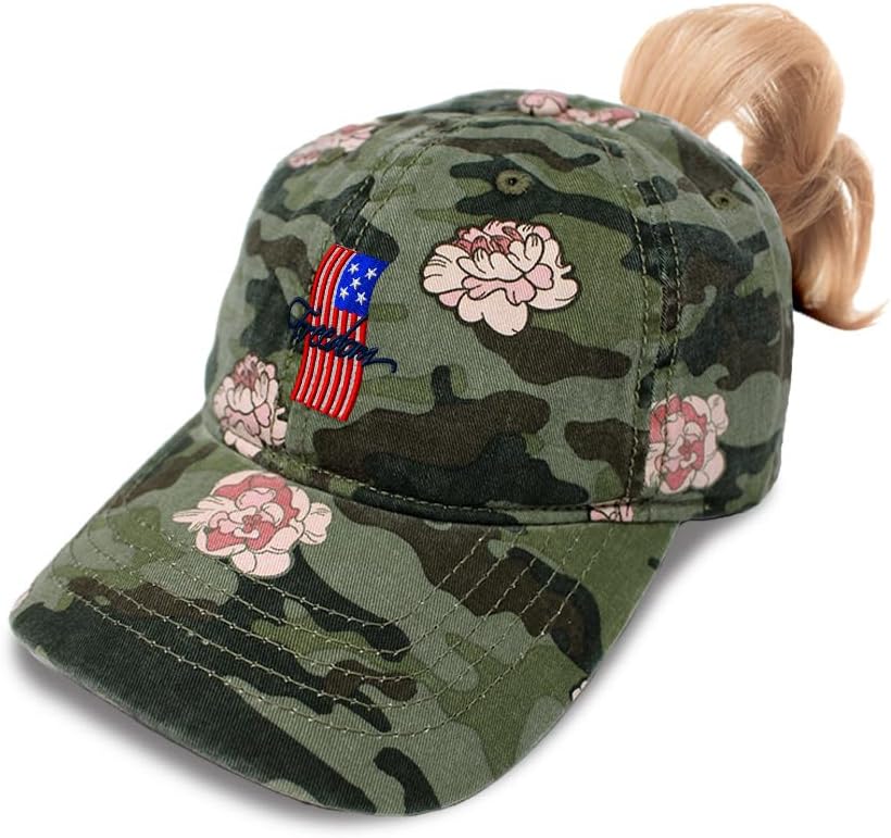 Custom Ponytail Cap Camo Hat Patriotic Freedom Flight USA America Sun Hat with Ponytail Hole Bci Cotton