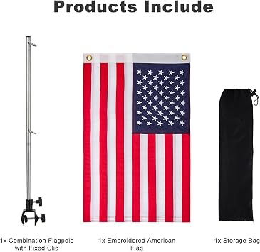 Boat Flag Kit with Flag Holder, 12x18 Inch US Flag with Adjustable Pole Stainless Steel Clamp, 50 Embroidered Stars American Flag Boat Accessories (12x18)