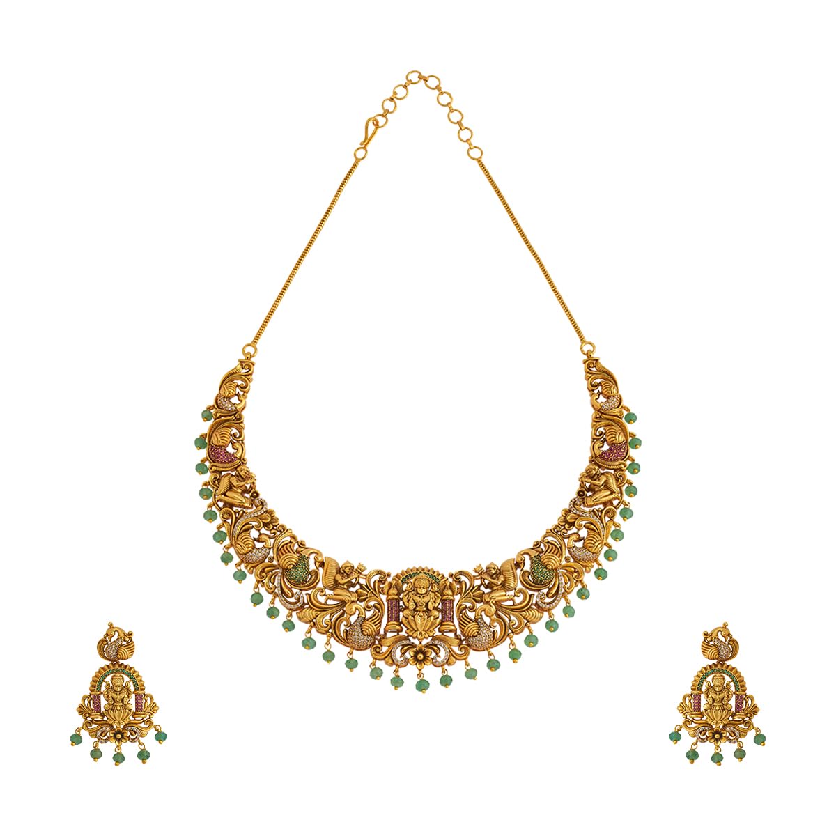 Fashion Jewellery Ruby-Green Gold Polished Antique Necklace Set With Adjustable Chain & Push Back Hanging Earrings | Best For Gifting & Special Occasion | Jewellery Set For Women - 435504-image-37
