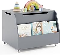 Vista 12 de Costzon Caja de juguetes de madera, organizador de almacenamiento de juguetes para niños con estantería frontal, tapa abatible, bisagra