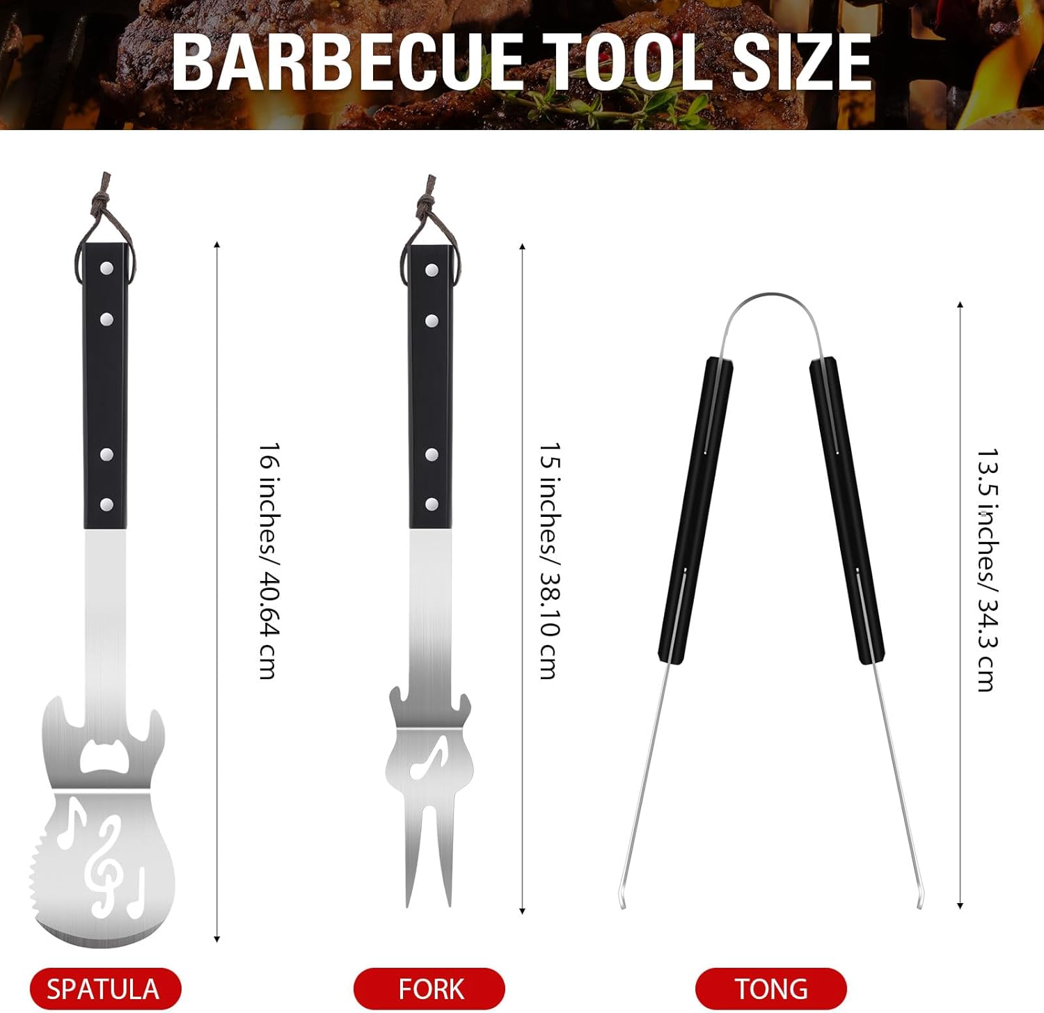3 Pcs Rock Guitar Gifts for Dad Barbecue Tool Stainless Steel Guitar Gifts BBQ Utensils Father Day Grilling Accessories with Grill Spatula Tong Fork for Men Music Lover Guitarists Birthday - Image 2
