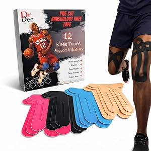 Dr Dee Pre-Cut Kinesiology Knee Tape 12 Pieces 9 10 Waterproof Elastic Breathable Latex-Free Sports Tape for Support