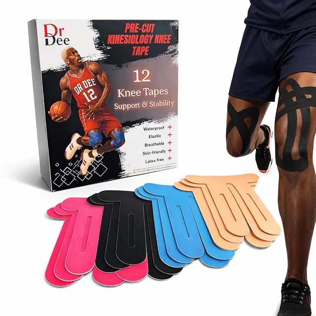 Dr Dee Pre-Cut Kinesiology Knee Tape 12 Pieces 9 10 Waterproof Elastic Breathable Latex-Free Sports Tape for Support