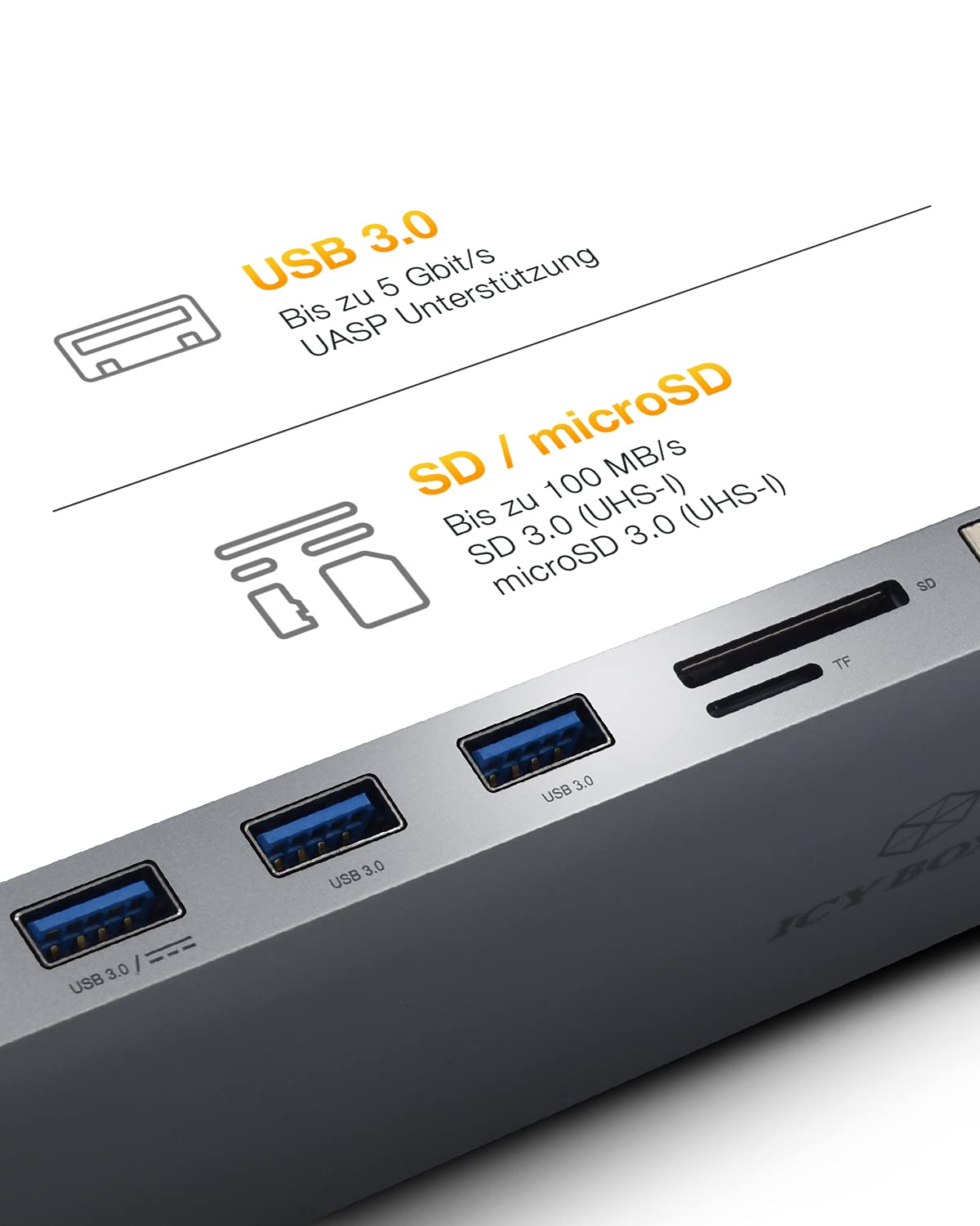ICY BOX USB-C Docking Station (11-in-1) für 2 Monitore (2x HDMI & 1x VGA), 4K 30Hz, 3-fach USB 3.0 HUB, 100W Power Delivery, Gigabit Ethernet, Kartenleser, Grau, IB-DK2106-C