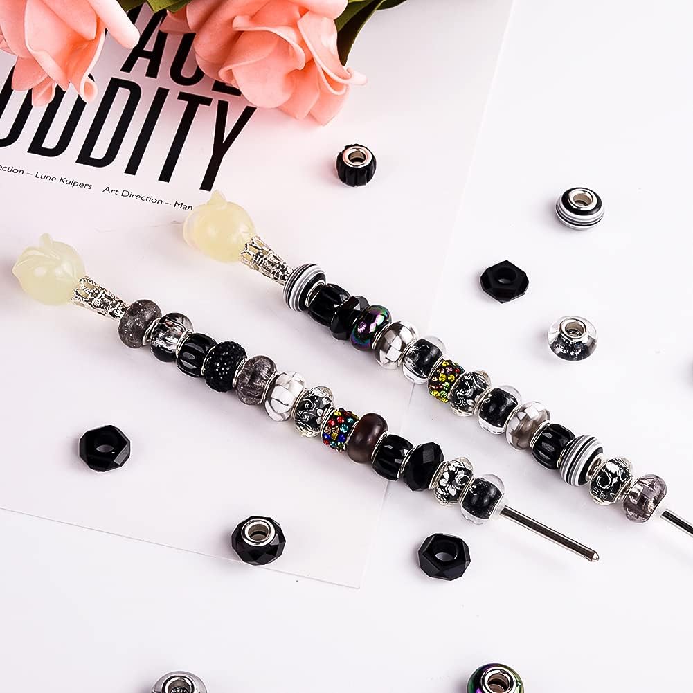 60 Pieces Assorted European Beads with Copper Core Big Hole Resin Spacer No Copper Core Lampwork Colorful Beads Rhinestone Craft Beads for DIY Charm Bracelet Jewelry Making (Black) - Image 4