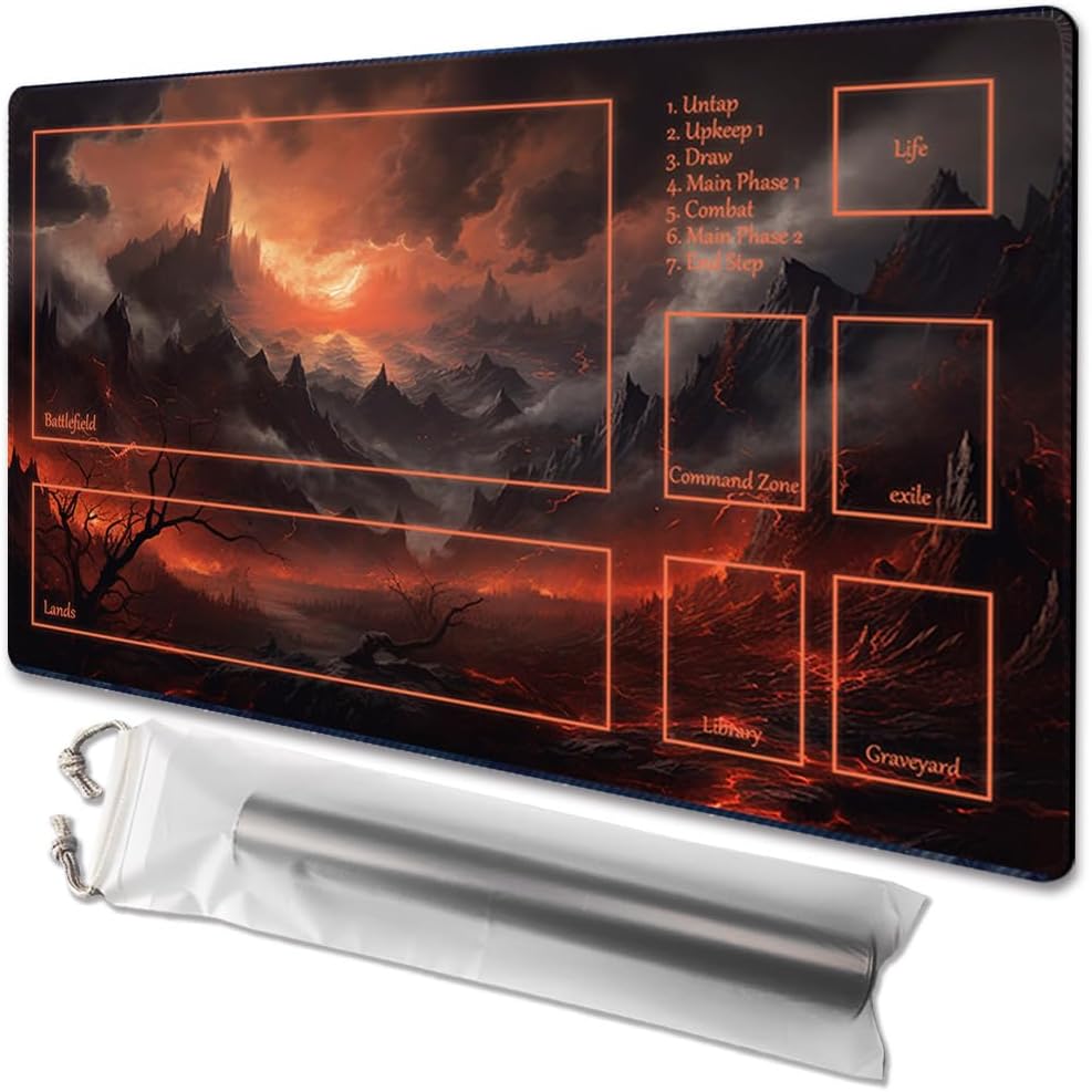 MTG Playmat Size 24x14in Free Storage Bags Non-Slip Backing Printing, Ideal for Card Game Enthusiasts TCG Playmat (with Zone,Burning Village)