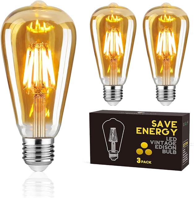 Woowtt LED Edison Vintage Bulbs, E27 LED Light Bulb Dimmable 6W LED Filament Bulb Retro Amber Glass Screw Lamp ST64,600LM 6W - 3 Pack