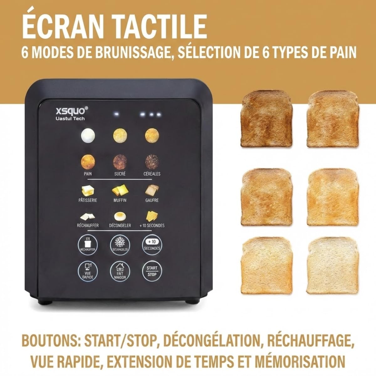 Grille Pain Intelligent avec Écran Tactile Toaster Motorisé (Auto Lift) Fente Longue 26cm Baguette Inox 6 Niveaux Dorage Décongélation Réchauffage Compte à Rebours Support Viennoiserie Ramasse Miettes