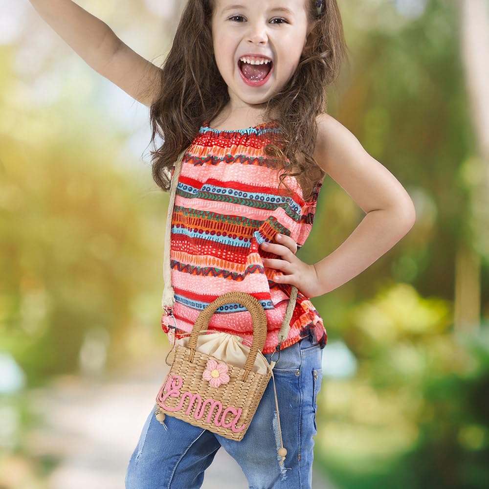 Personalized Crossbody Straw Bag Toddler Girl Flower Play Purse Custom Name Little Girl Beach Hand Bags Embroidered Baby Girls Purses with Customized Name Gift Basket Kids Tote Bag Birthday Gifts