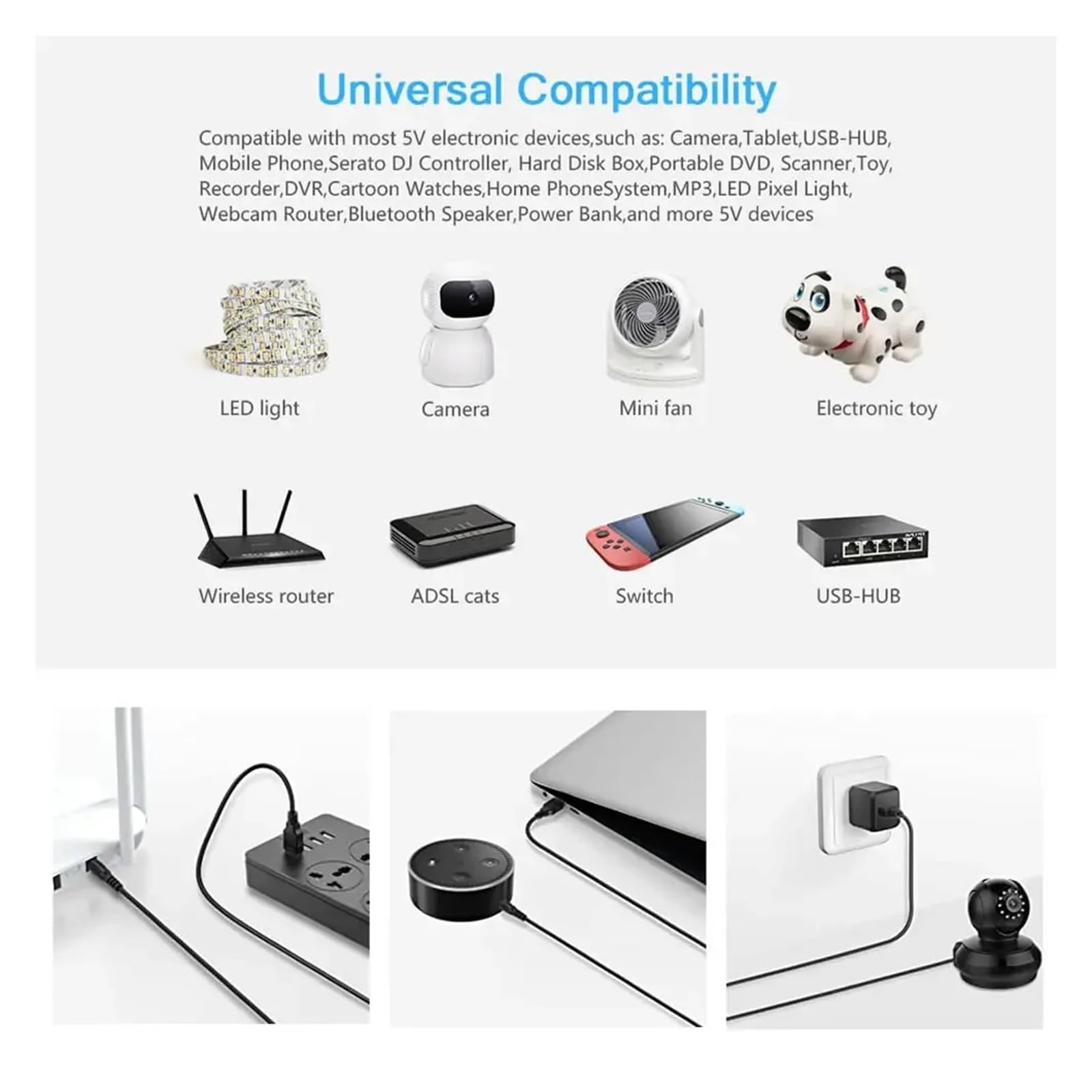 Câble de charge USB vers DC 5 V 5,5 x 2,1 mm avec 12 adaptateurs interchangeables 1 m/2 m (câble 1 m 12 en 1)