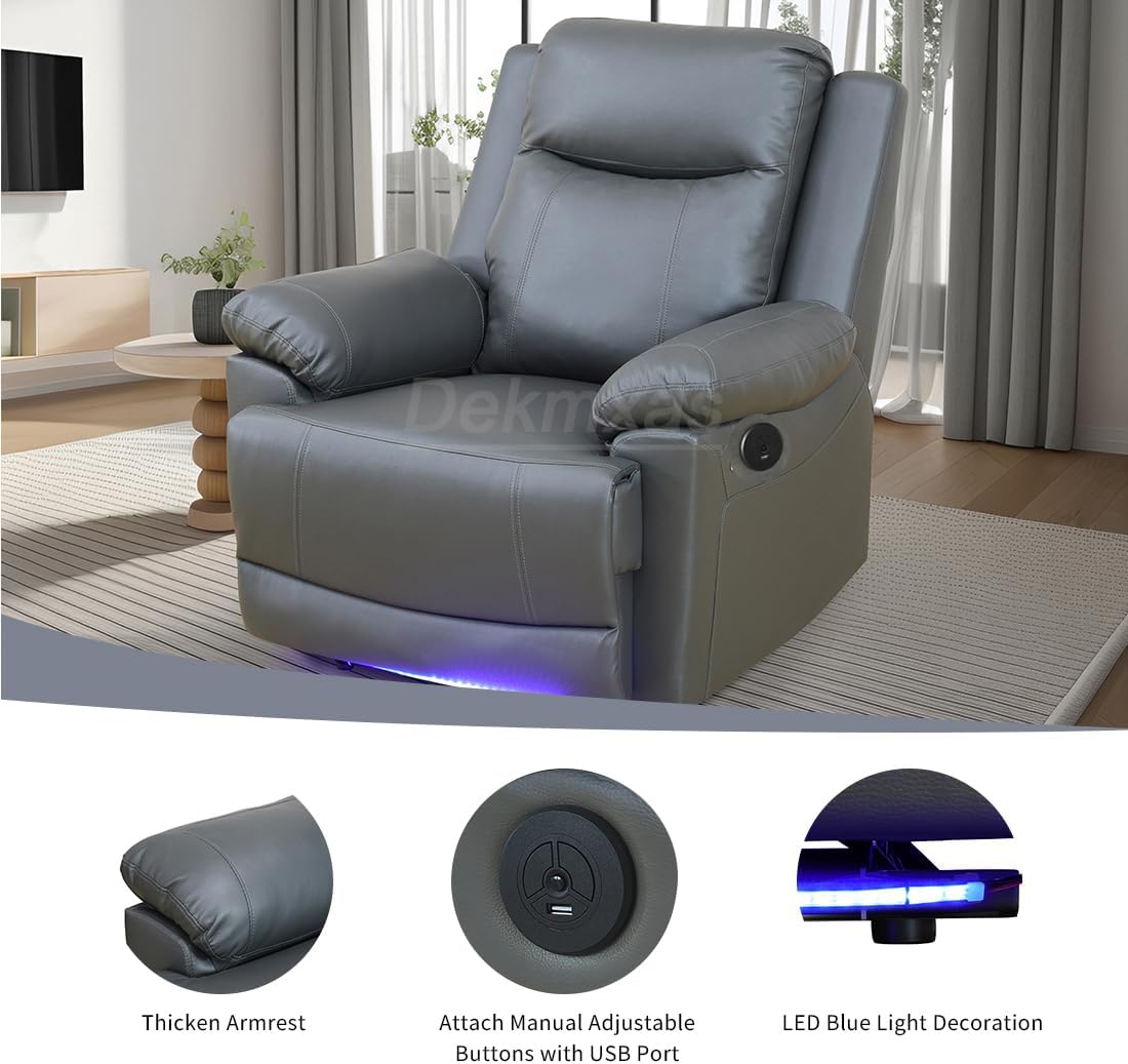 Furniture Set Deep Gray Breathing Leather Manual Reclining Couch Chair with Storage Console/LED Light/USB Port Living Room Sofa Set for Living Room, Apartment, Office