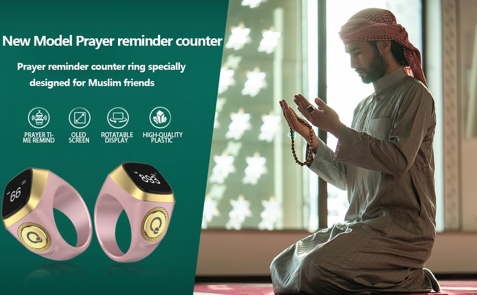 Image of Smart Tasbih Zikr Ring, 20mm Muslim Digital Azan Alarm Clock, Tasbih Counter Smart Ring (Pink)