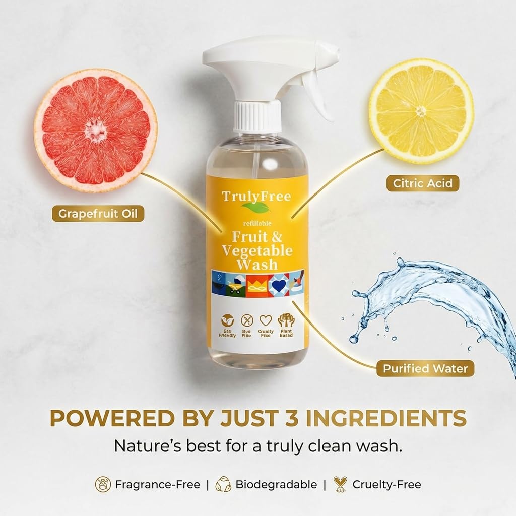 Truly Free Kit de iniciación de lavado natural de frutas y verduras, limpiador de verduras y productos orgánicos y lavadora de frutas, suministros para la salud y el hogar, botella de spray de 16