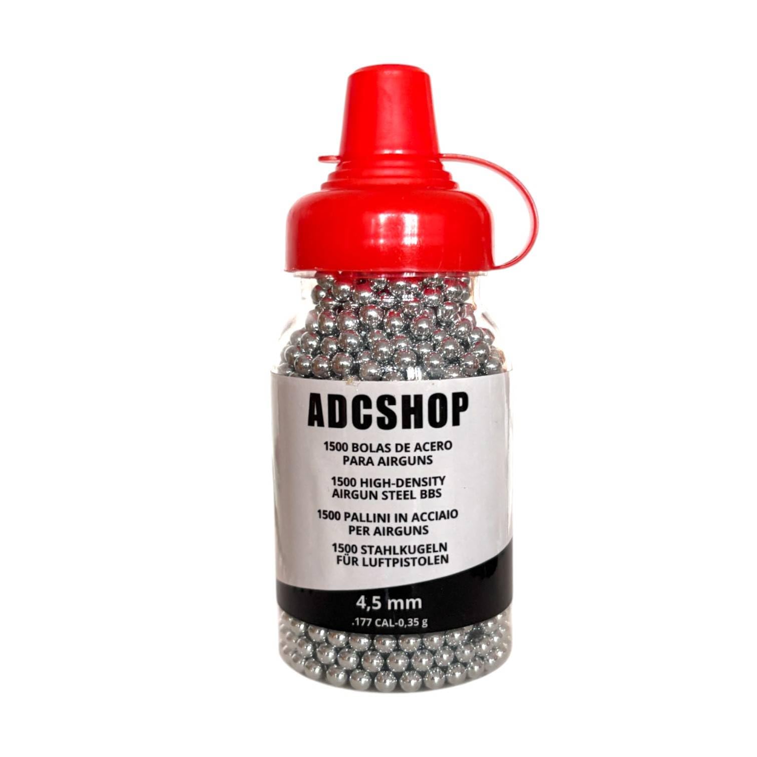 ADCSHOP 1500 Stahlkugeln Kaliber 4,5 mm – Munition – für Luftdruckwaffen und CO₂-Pistolen 4,5 mm Steel BBS Kaliber 4,5 mm. Flasche mit 1500 BBS-Einheiten.