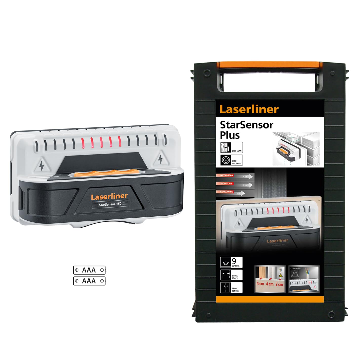 Laserliner StarSensor Plus Détecteur Scanner Mural | Détection Bois et Câbles sous Tension, Cloisons Sèches, Alerte de Tension Permanente, Piles Incluses, Mallette Incluse