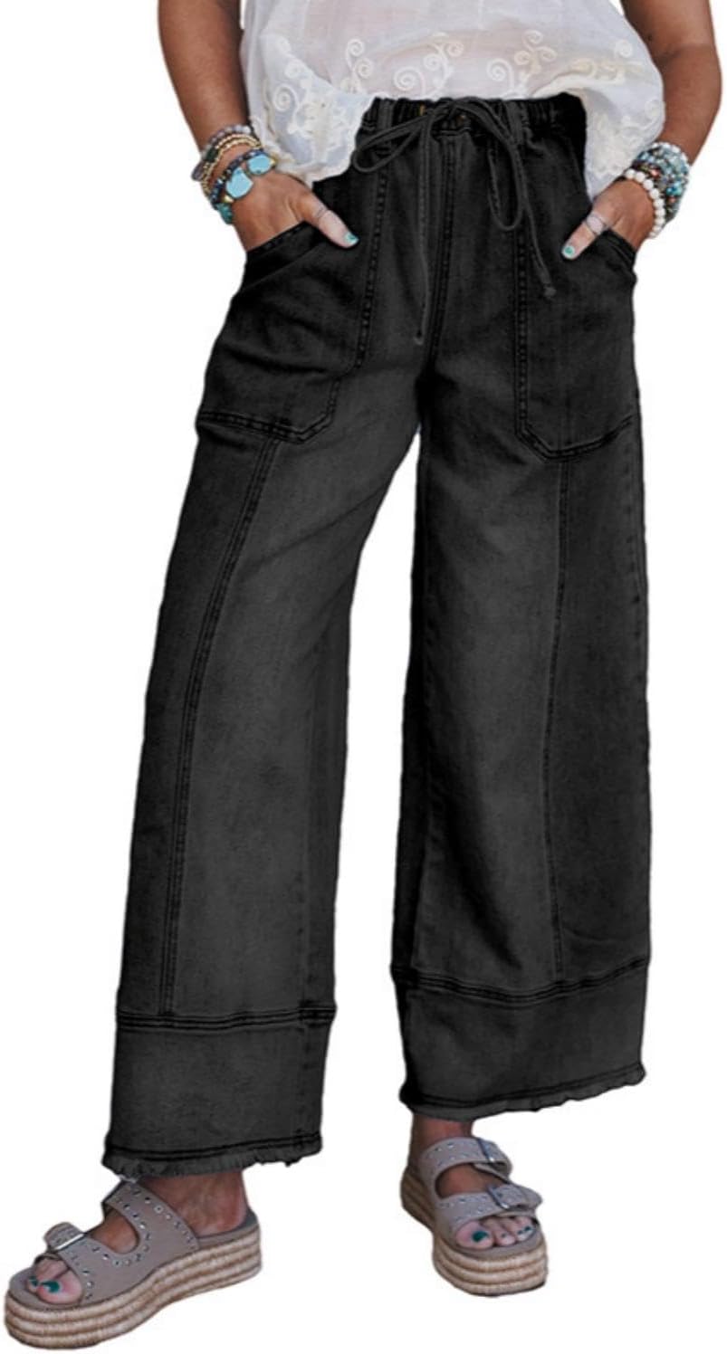 yoeasy Womens Wide Leg Jeans Drawstring Elastic High Waisted Frayed Edge Baggy Jeans Casual Loose Denim Pants