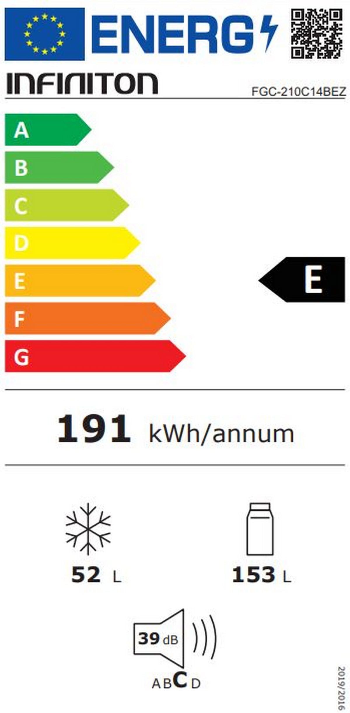 INFINITON Frigorifico Combi FGC-210C14BEZ, 205 Litros, 144 cm de Altura, Fast Freezing, LED Interior, Tirador integrado, E, Blanco