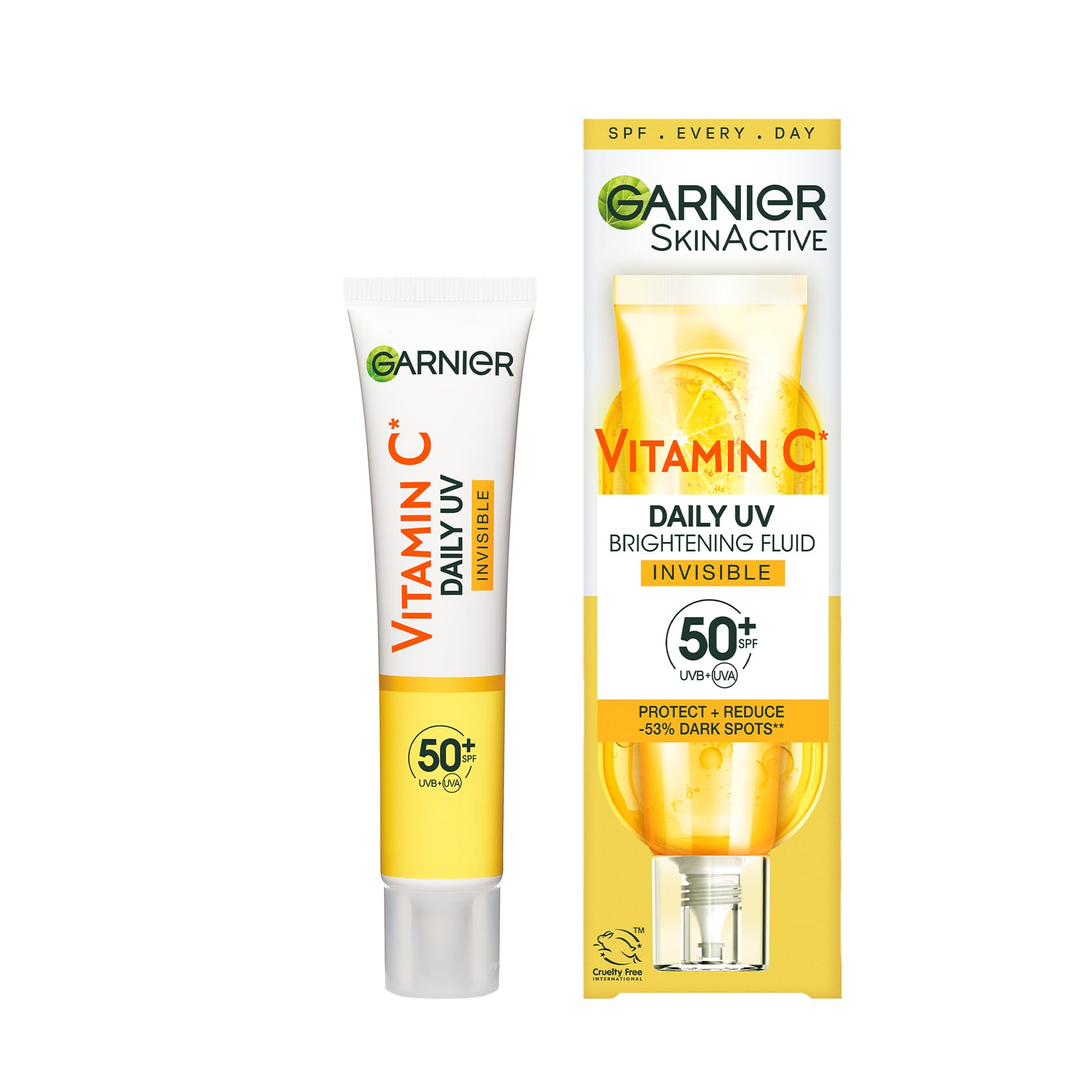 Garnier Vitamina C Fluido Antimanchas Anti-UV Diario Invisible FPS50+ Protege, Previene y Reduce las manchas, para todo tipo de pieles, 40 ml
