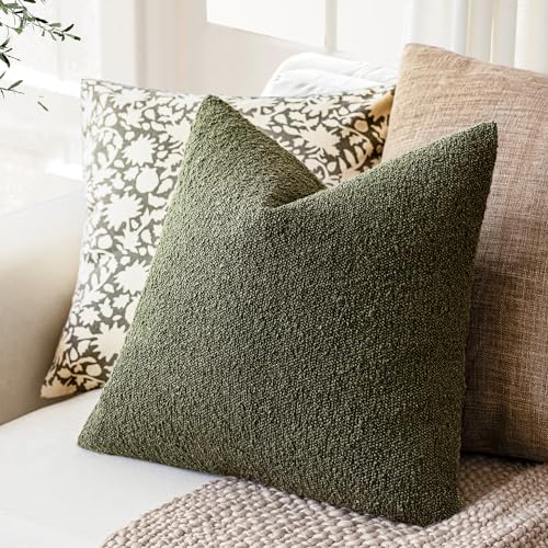 Image of Foindtower Set of 2, Decorative Textured Boucle Throw Pillow Covers Accent Solid Pillow Cases Neutral Soft Cozy Couch Cushion Case for Chair Sofa Bedroom Living Room Home Decor 24x24 Inch Moss Green