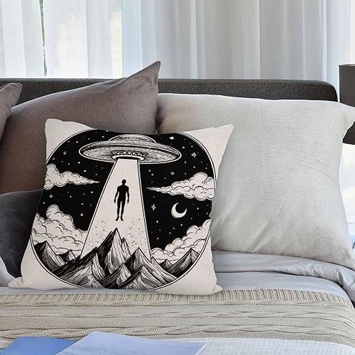 Miniatura 4 de HGOD DESIGNS Funda de almohada de nave espacial alienígena, secuestro de un humano con platillo volador, icono, luna, montaña, negro y blanco,