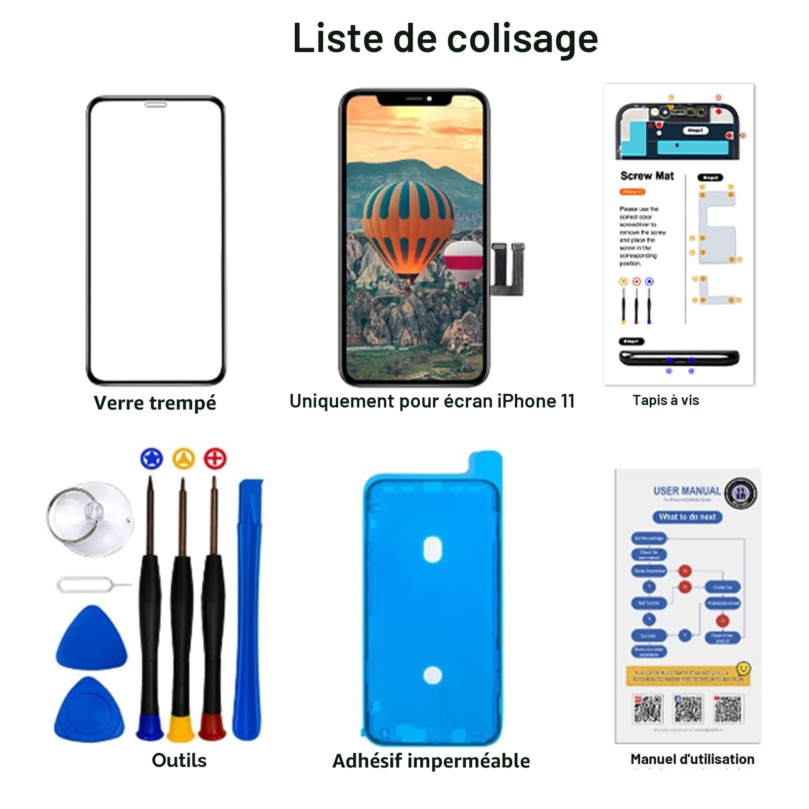 Dinow Écran Tactile de Rechange pour iPhone 11 d'écran LCD 6,1"(Noir) iphone 11 Ecran Tactile Digitizer Assembly +Kit De Réparation Complet Modèle: A2111, A2223, A2221