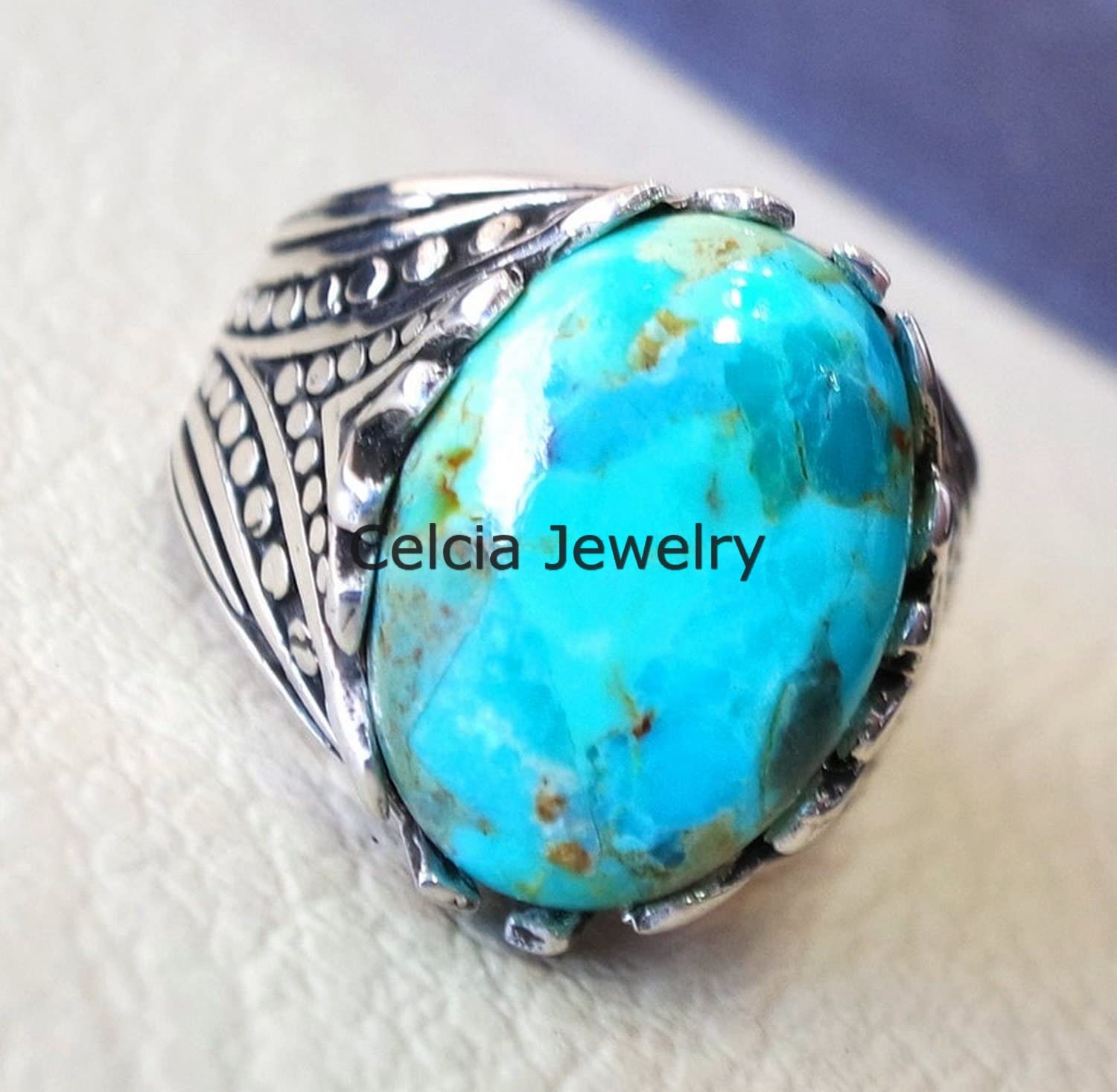 Anillo enorme de piedra preciosa azul turquesa natural de Arizona, joyería hecha a mano de plata de ley real para hombres, anillo pesado de piedra semipreciosa, anillo de promesa, anillo de moda