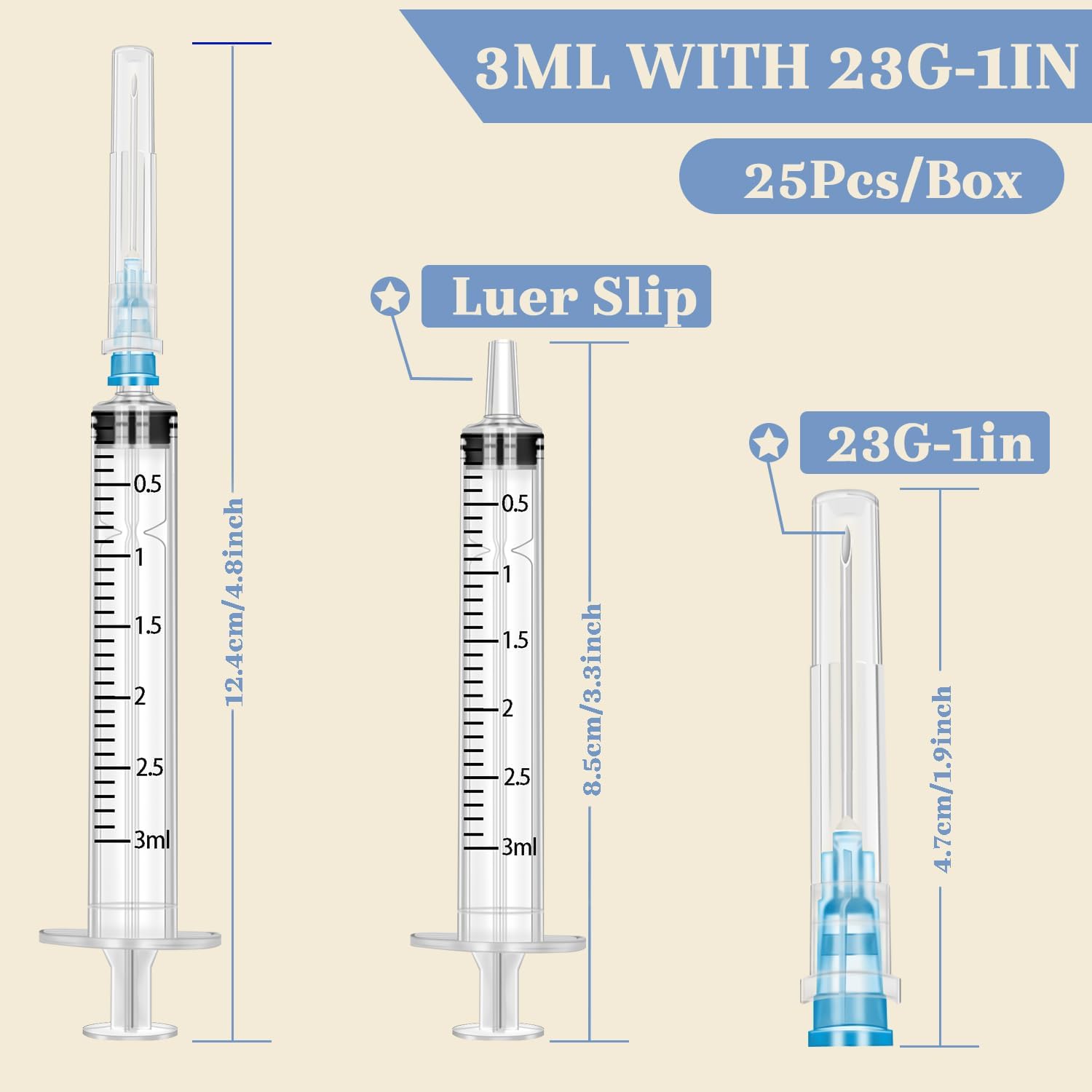 25Pack 3ml Luer-Slip with 23 G Dispensing Tools for Industrial Dispensing, Science Lab,Pet