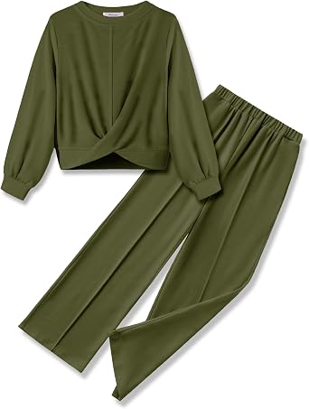 Arshiner Girls 2 Piece Outfits Twist Front Sweatshirt Wide Leg Sweatpants