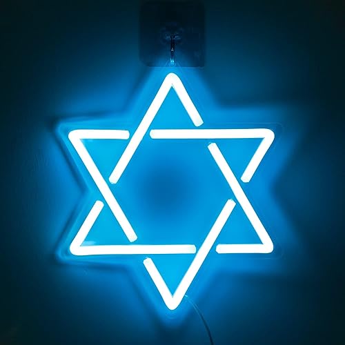 Attivolife - Letrero de neón de estrella de David decoraciones de Hanukkah azules con forma de estrella de seis puntas con luz de acrílico con