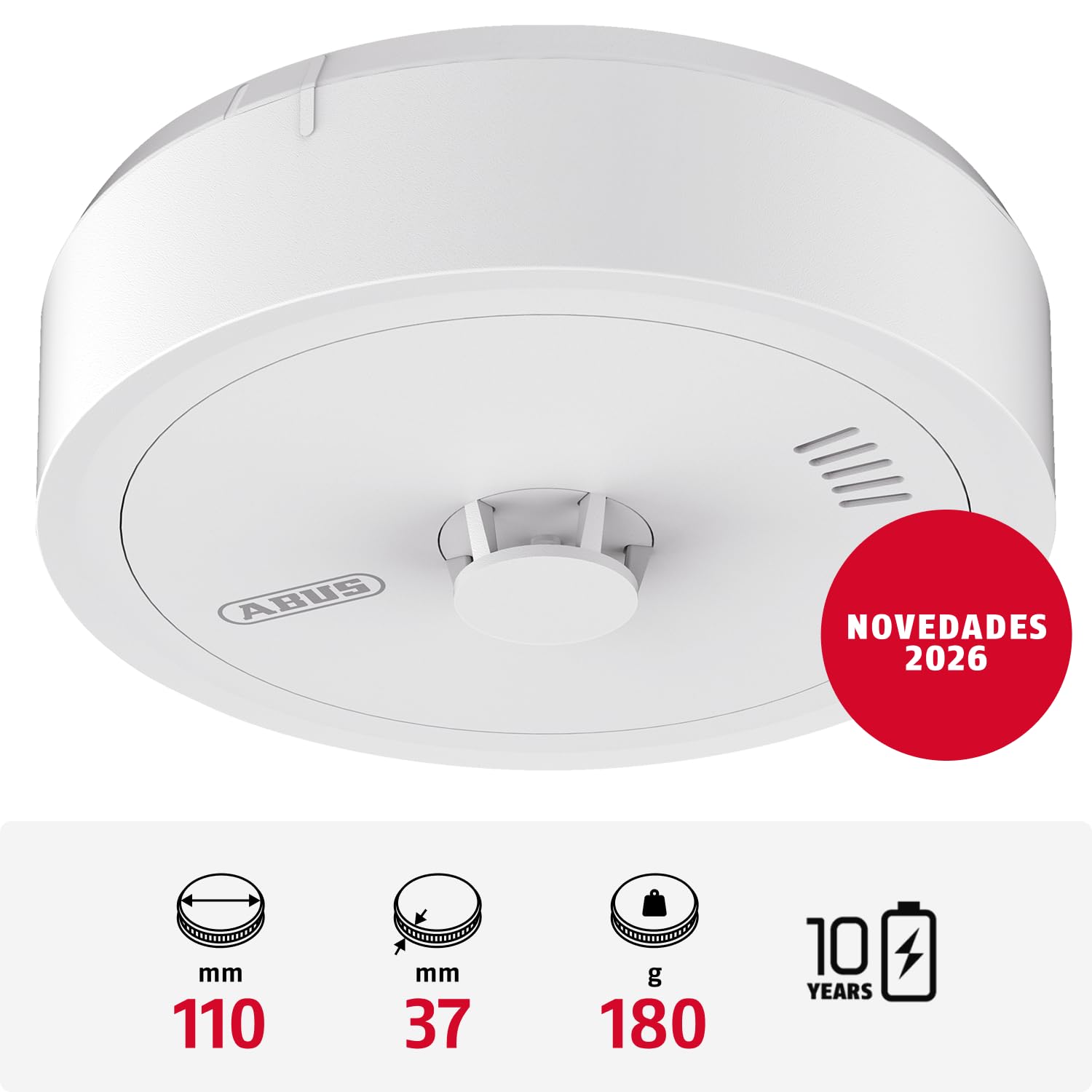 ABUS Prevaro 10 - Detector de Calor Certificado para Cocina, Baño, Garaje y Sótano - con Batería de 10 Años, Autotest Automático y Gran Botón de Prueba