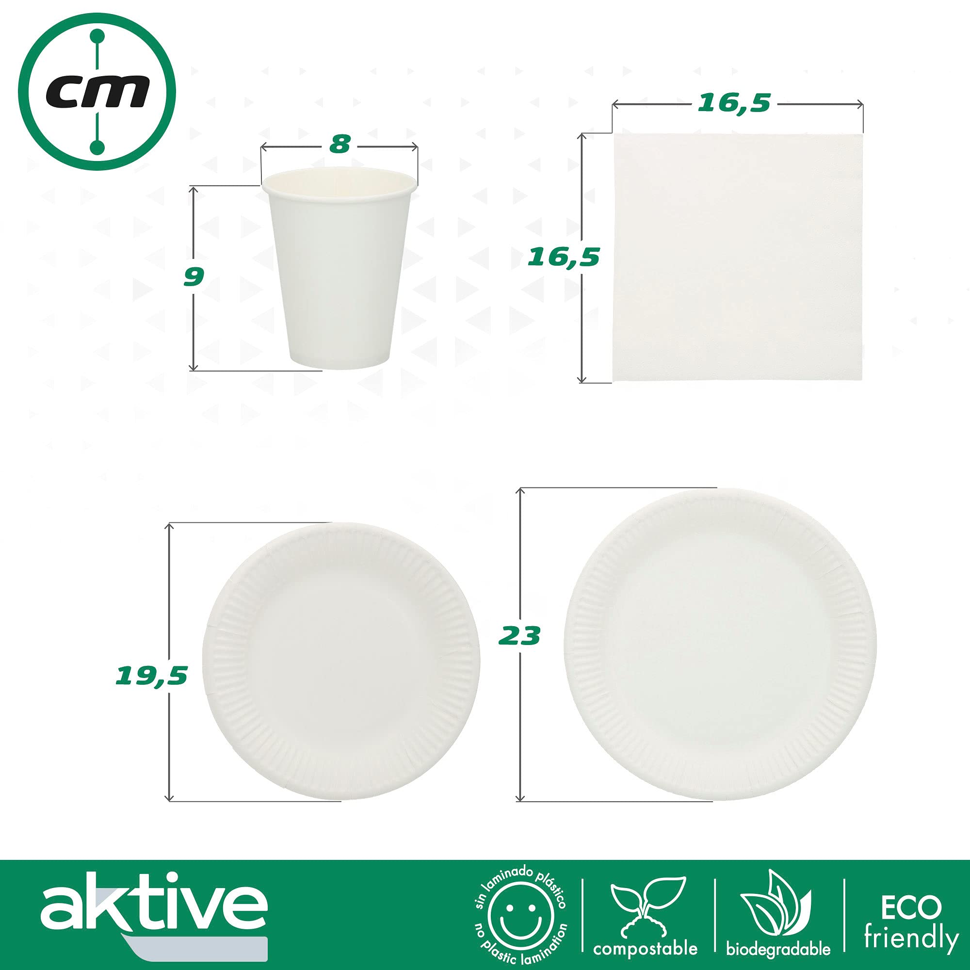 Aktive Procos 71347 Stoviglie monouso Biodegradabili Ecologico Carta 40 Piatti Piccoli + 40 Piatti Grandi + 40 Bicchieri Monouso + 60 Tovaglioli 40 Commensali