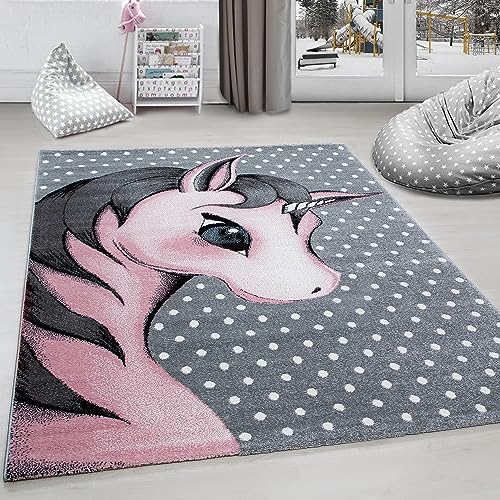 Carpettex Kinderteppich süße Einhorn Design Pink 160 x 230 cm - Kurzflor Teppich Kinderzimmer für...