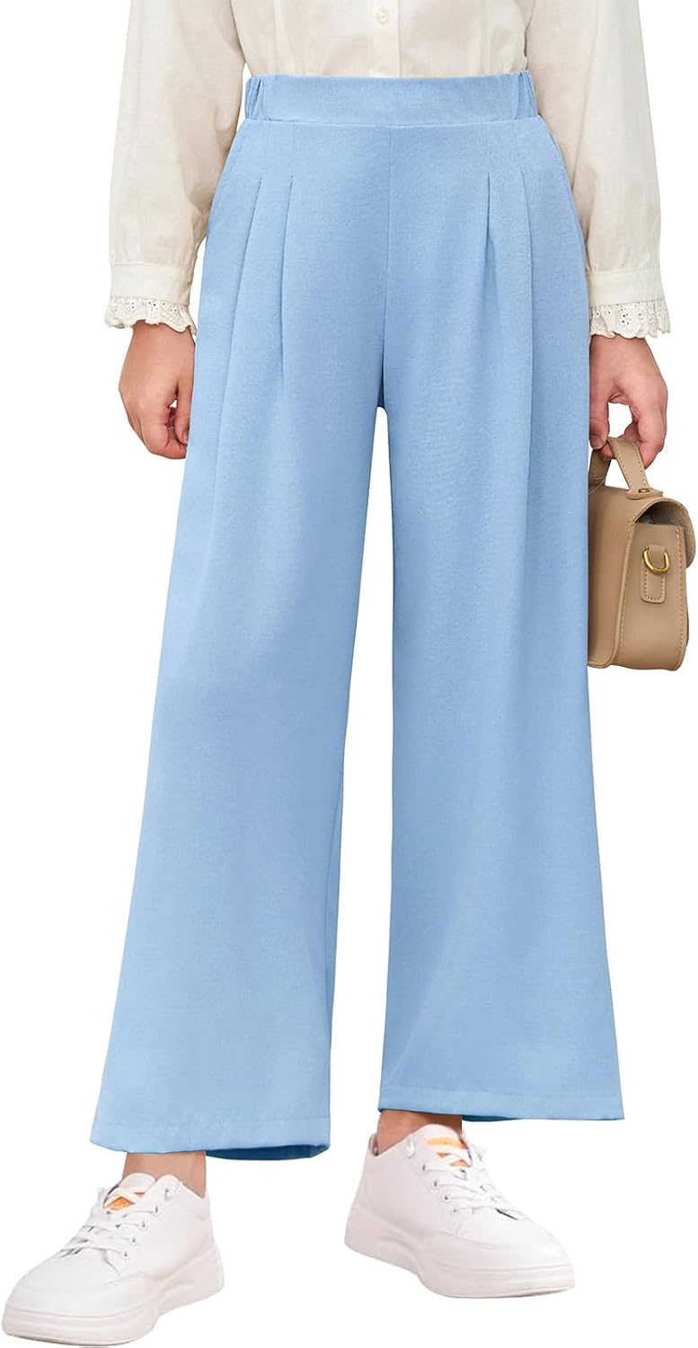 Haloumoning Girls High Waisted Uniform Pants Kids Wide Leg Dress Pants Casual Trousers with Pockets 5-14 Years