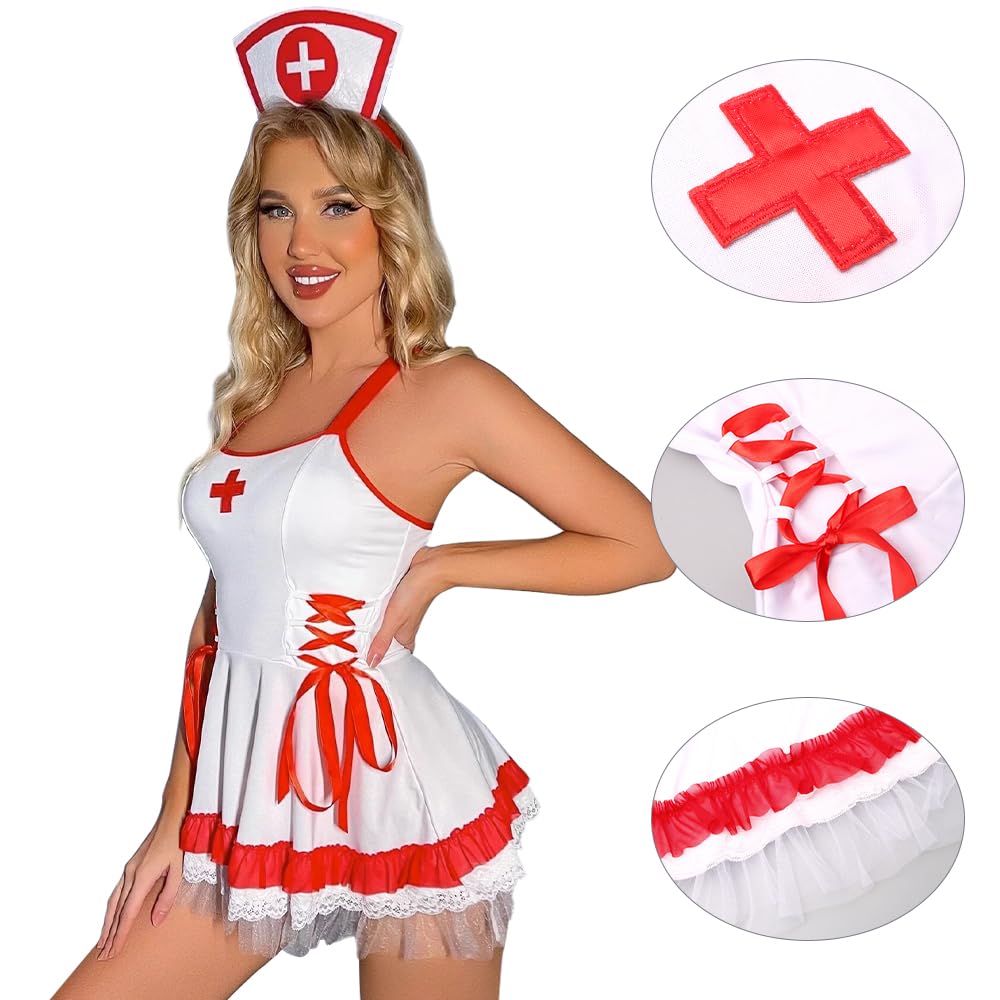 Sexy Femme Lingerie Déguisement Jupe d'infirmière à Bretelles Nurse Cosplay Nuisette Robe Coquine Infirmiere Uniforme Séduisant Babydoll Fête à Thème Halloween Costumes Taille Unique